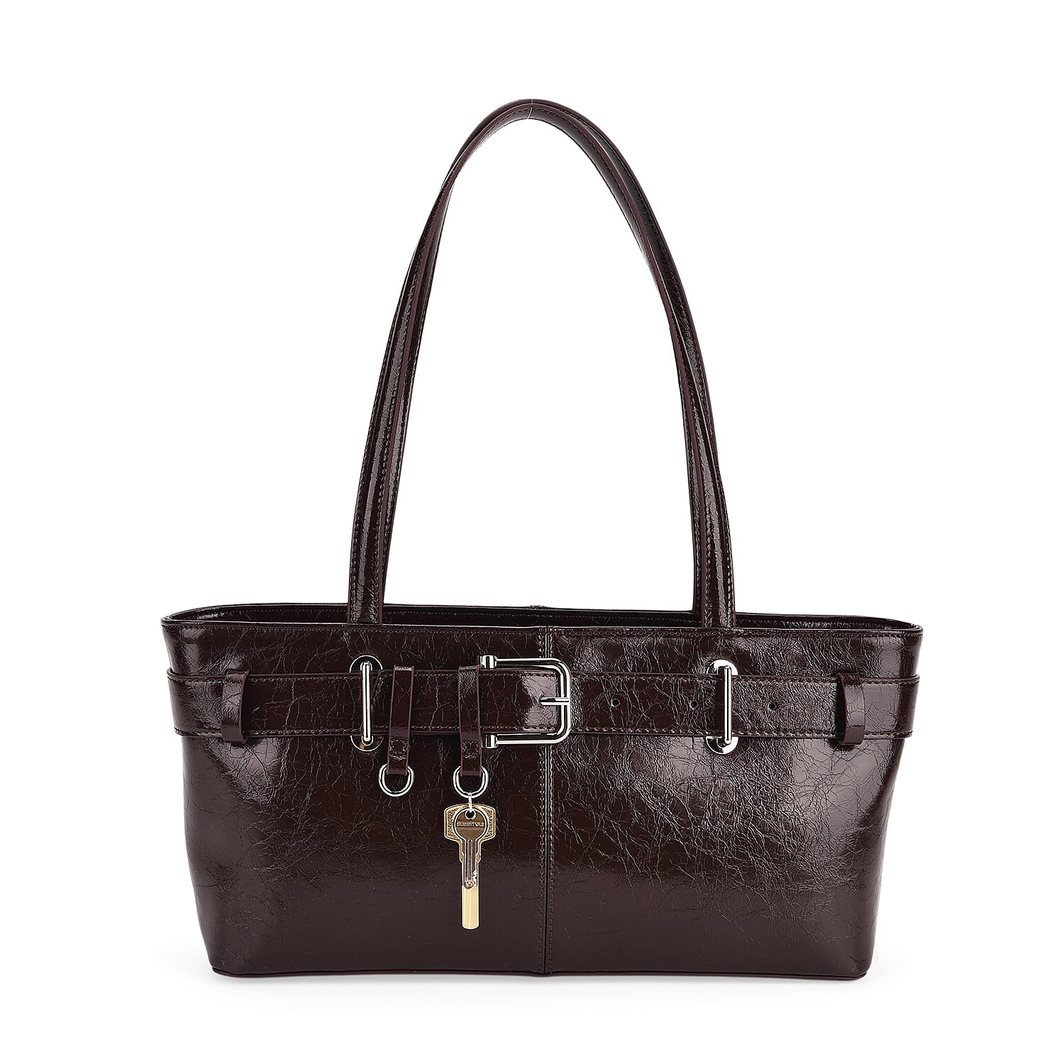 Genuine Leather Belt Buckle Design Rectangular Handbag - Coffee