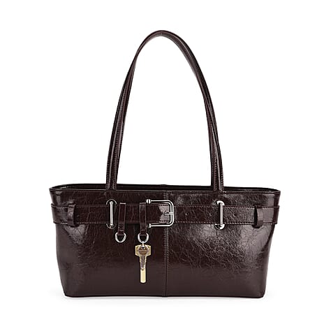 Genuine Leather Belt Buckle Design Rectangular Handbag - Coffee