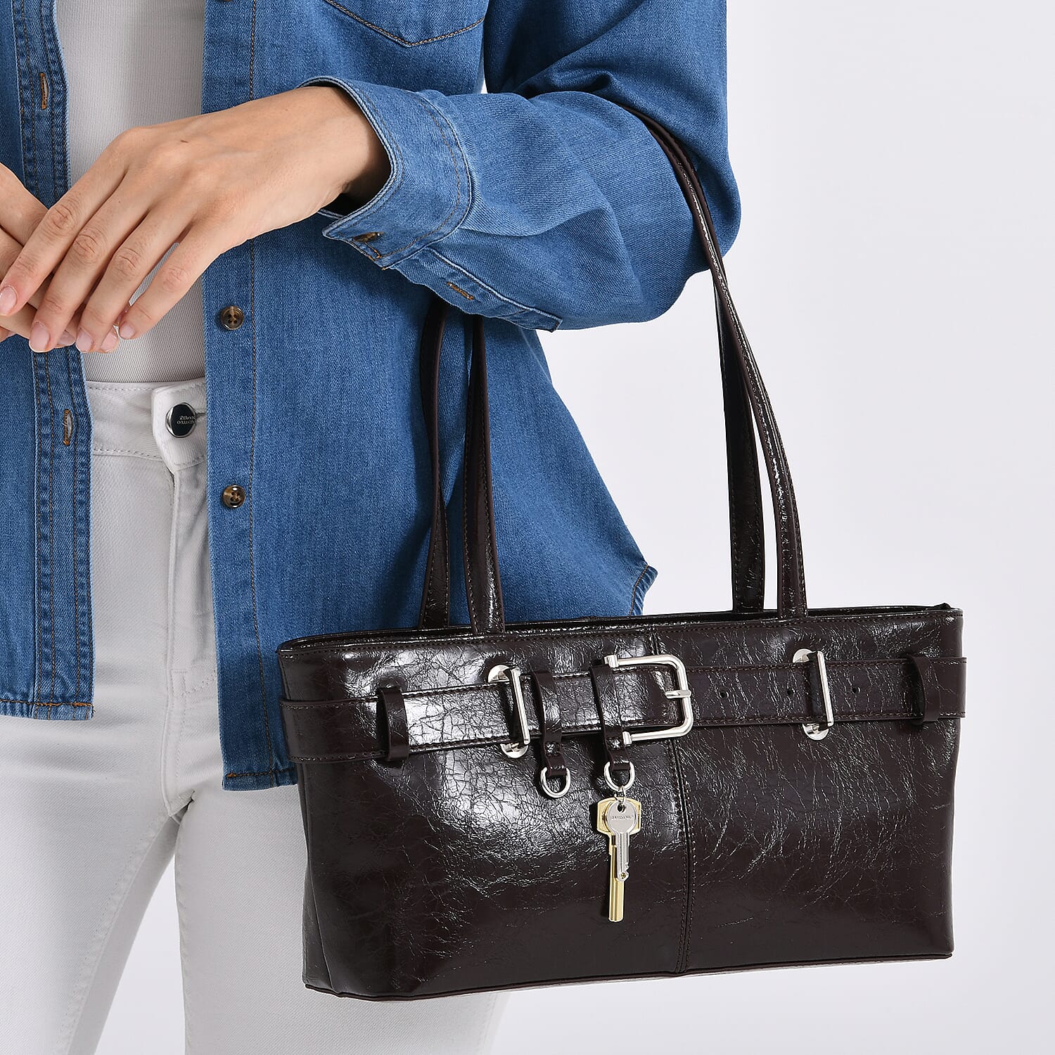 Genuine Leather Belt Buckle Design Rectangular Handbag - Coffee