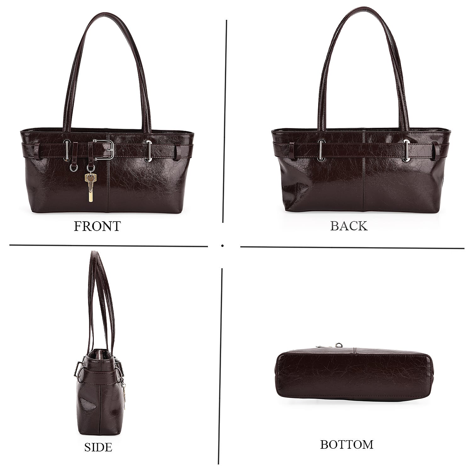 Genuine Leather Belt Buckle Design Rectangular Handbag - Coffee