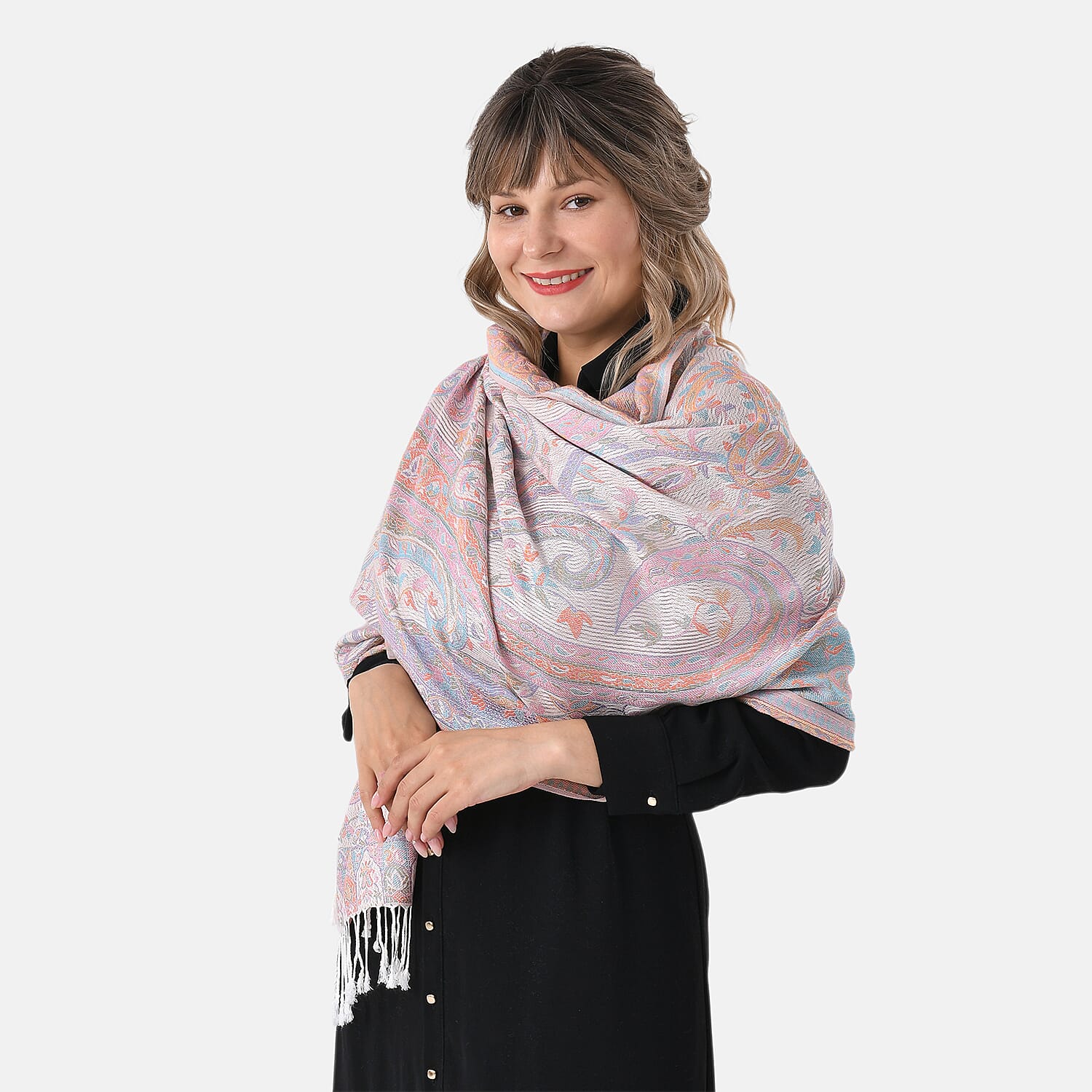 Paisley Print Scarf with Tassels (180x70cm) - Beige