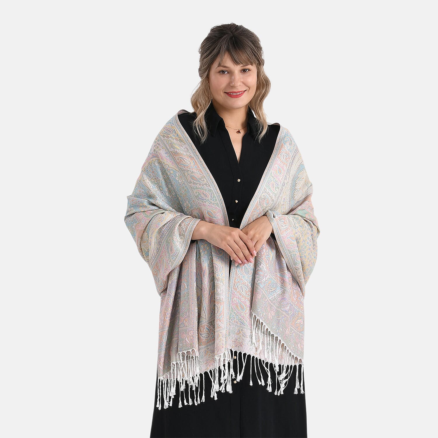 Paisley Jacquard  Scarf with Tassels (180x70cm) - Off-White Powder