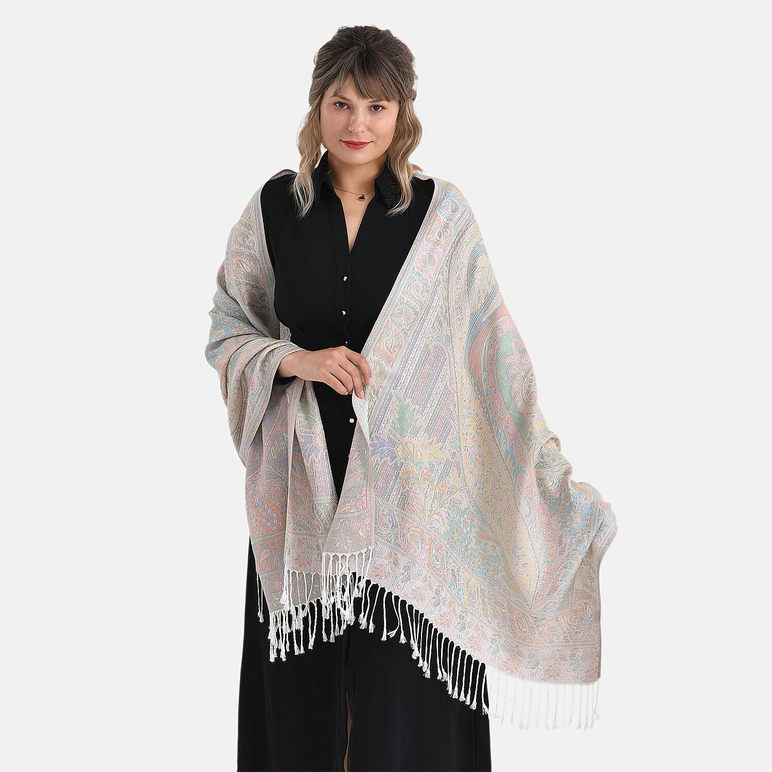 Paisley Jacquard  Scarf with Tassels (180x70cm) - Off-White Powder