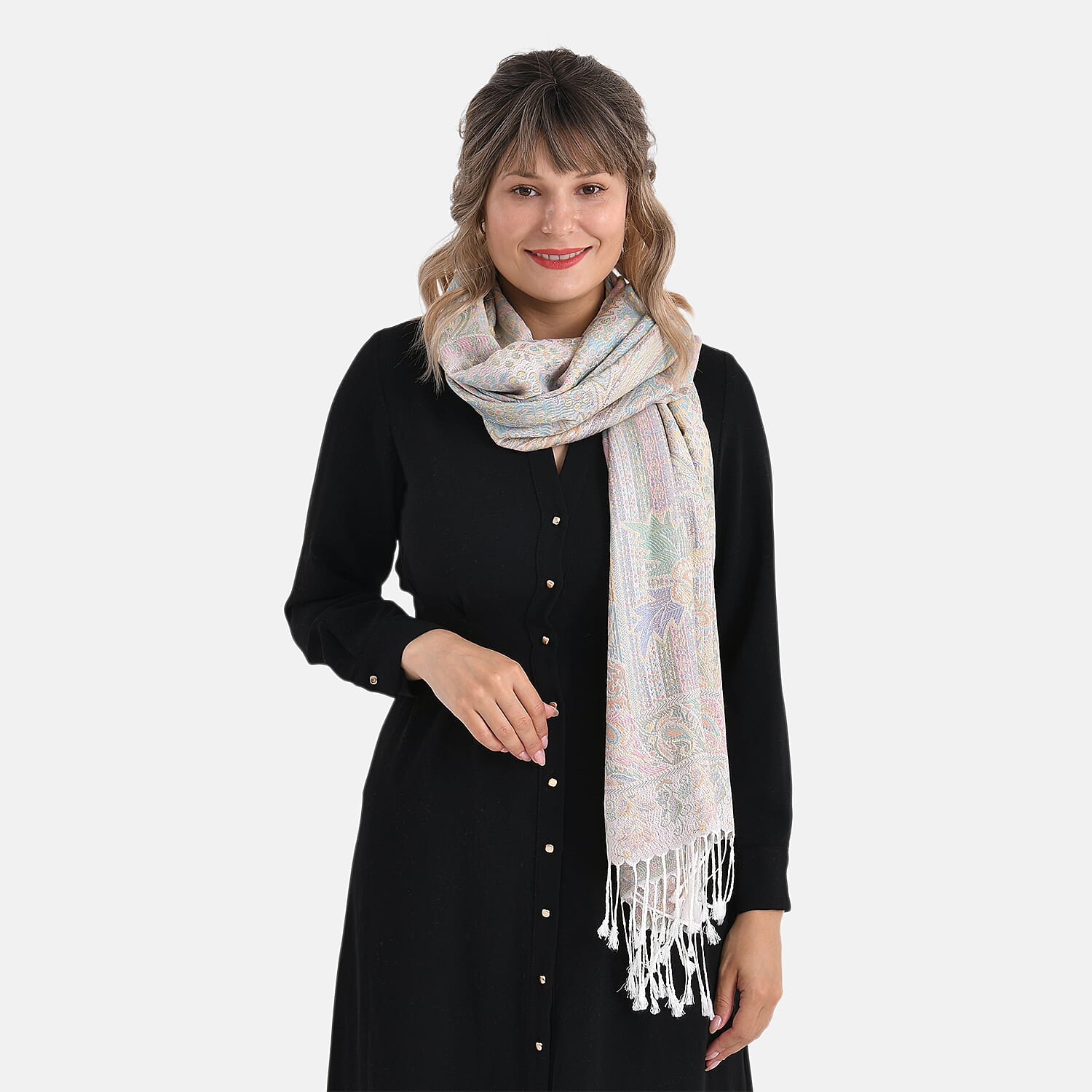 Paisley Jacquard  Scarf with Tassels (180x70cm) - Off-White Powder