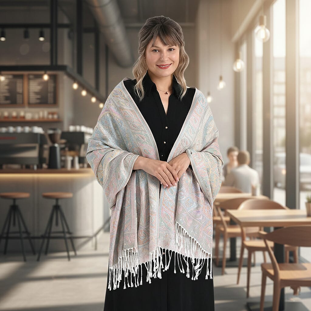 Paisley Jacquard  Scarf with Tassels (180x70cm) - Off-White Powder