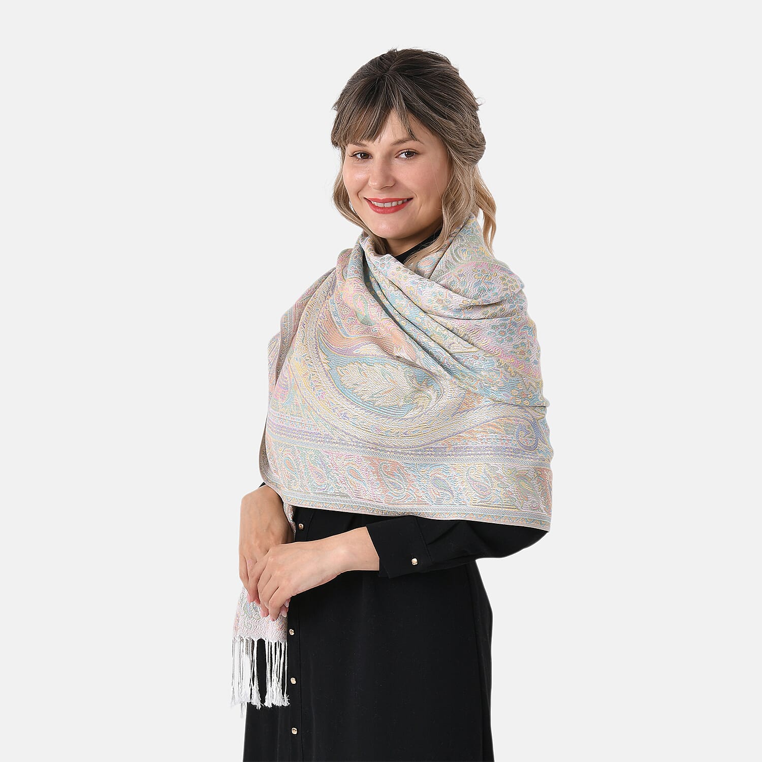 Paisley Jacquard  Scarf with Tassels (180x70cm) - Off-White Powder
