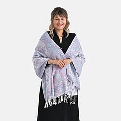 Paisley Print Scarf with Tassels (180x70cm) - White & Grey