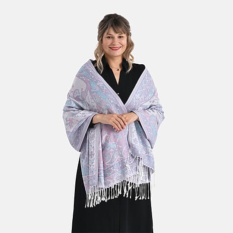 Paisley Print Scarf with Tassels (180x70cm) - White & Grey