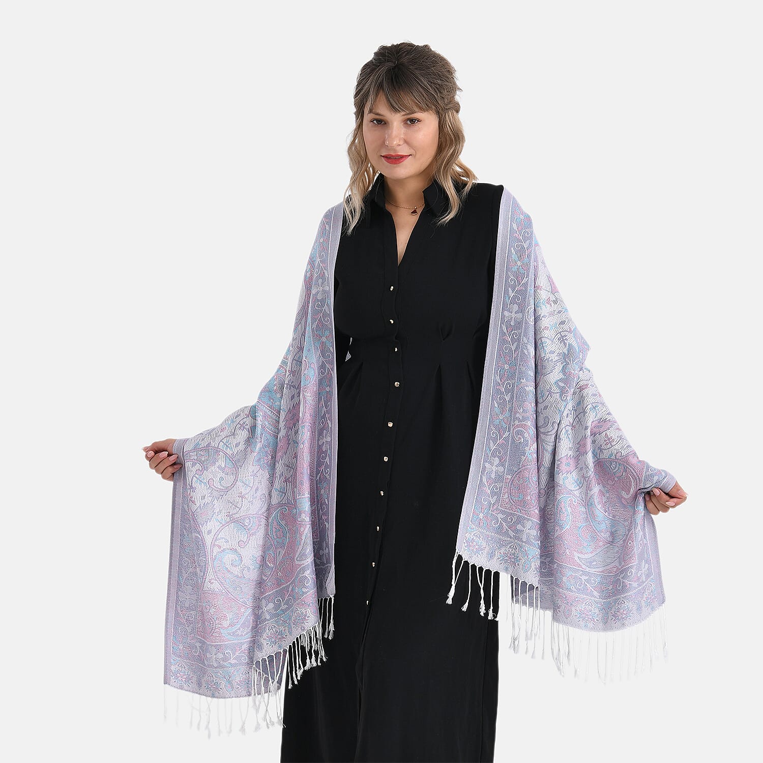 Paisley Print Scarf with Tassels (180x70cm) - White & Grey