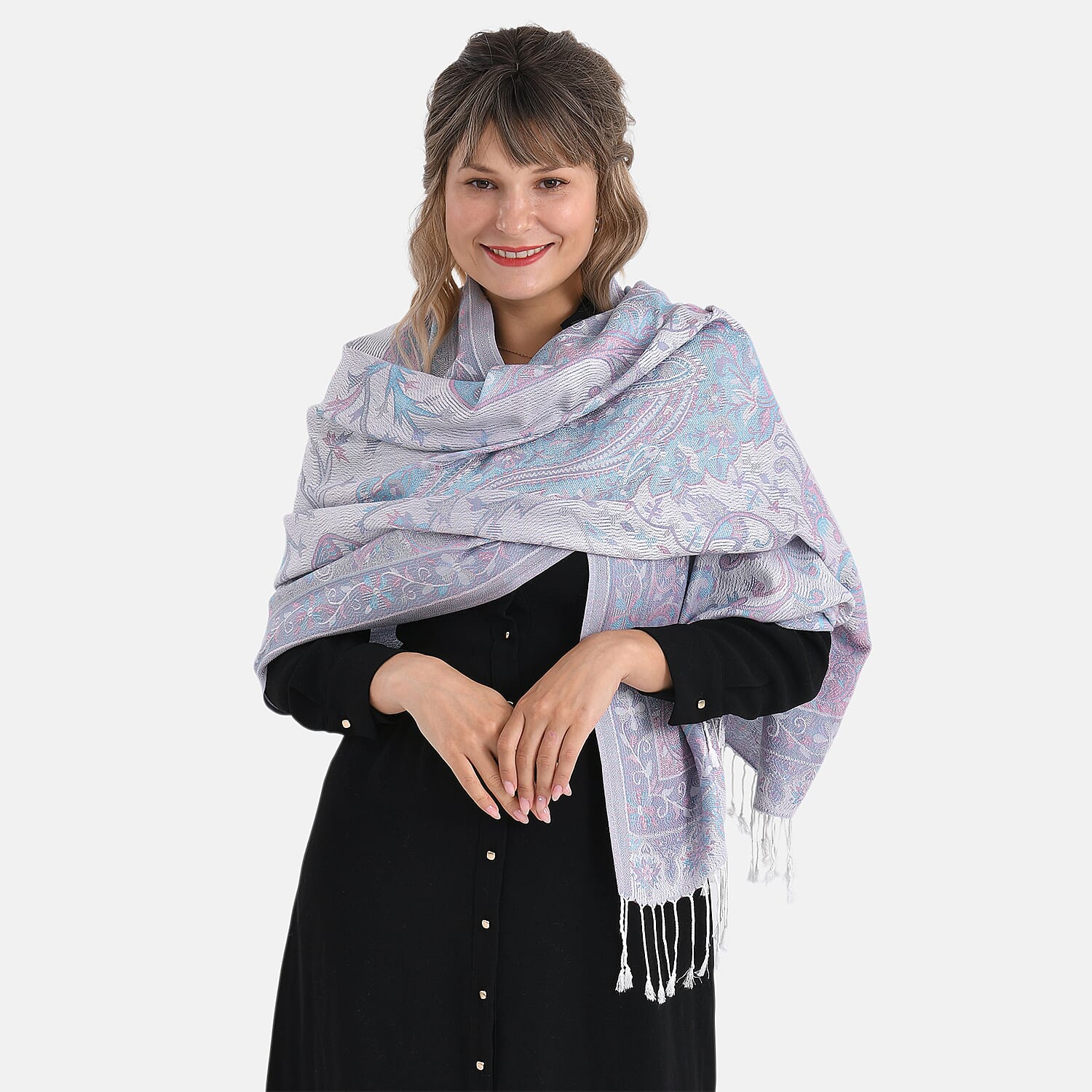 Paisley Print Scarf with Tassels (180x70cm) - White & Grey