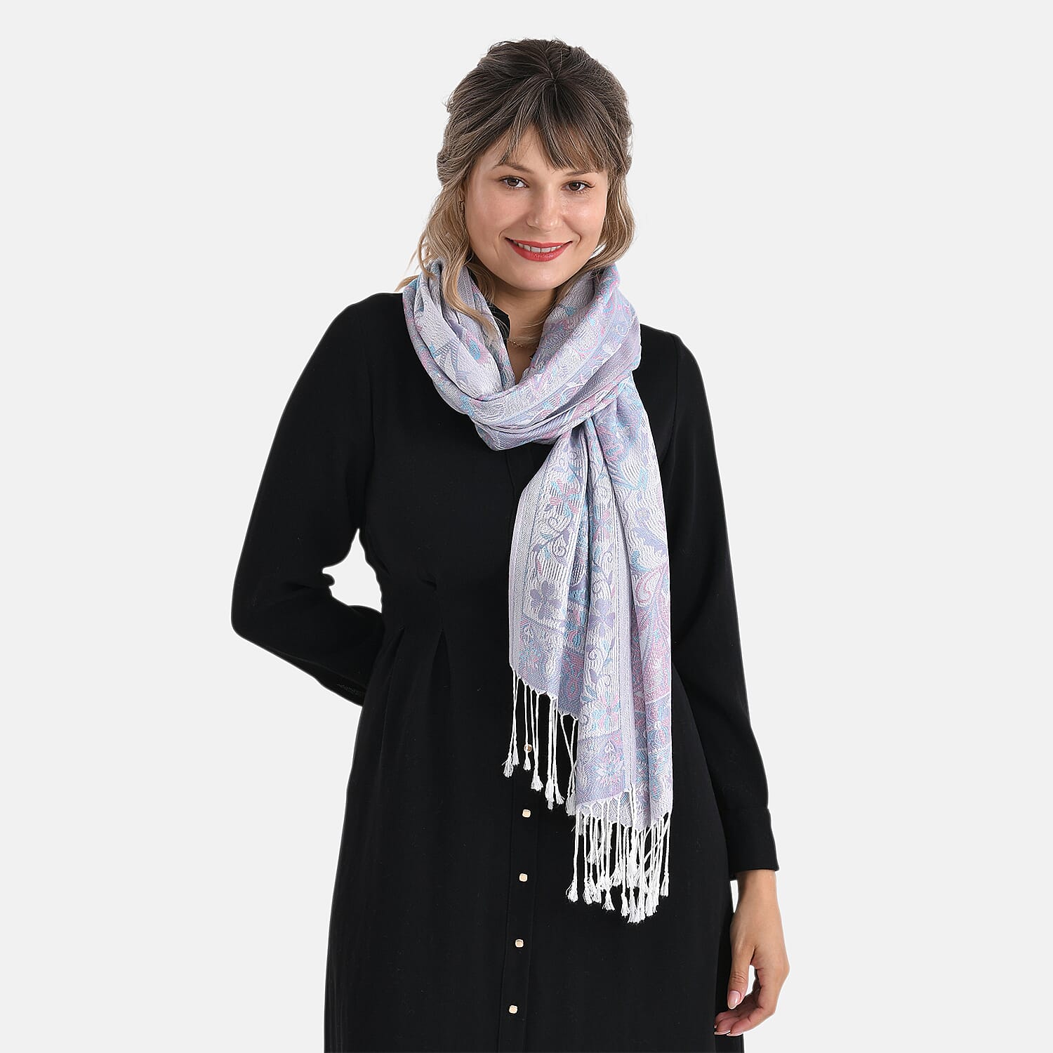 Paisley Print Scarf with Tassels (180x70cm) - White & Grey