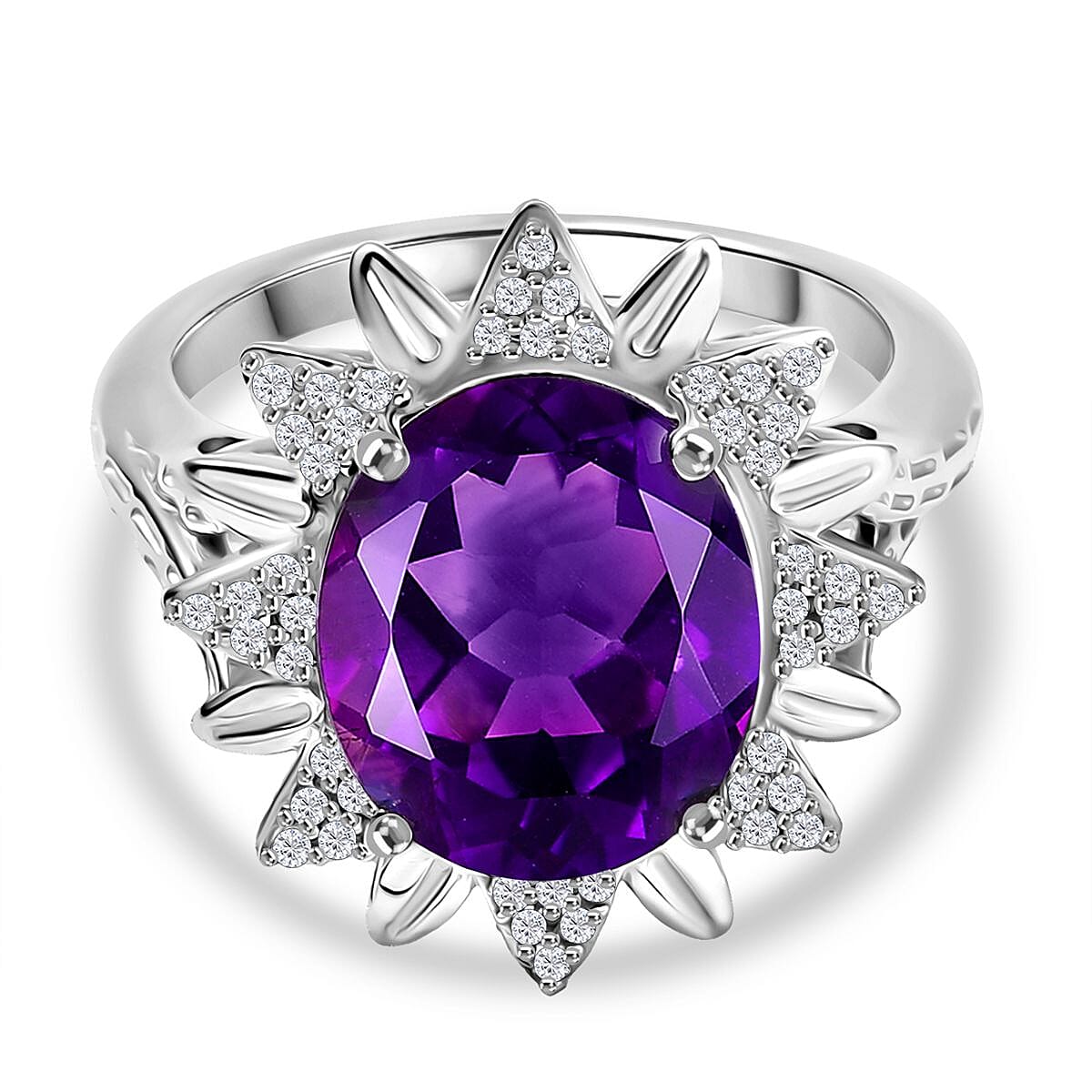 Natural Moroccan Amethyst & White Zircon Violet Bloom Ring in Rhodium Overlay Sterling Silver 4.67 Ct.