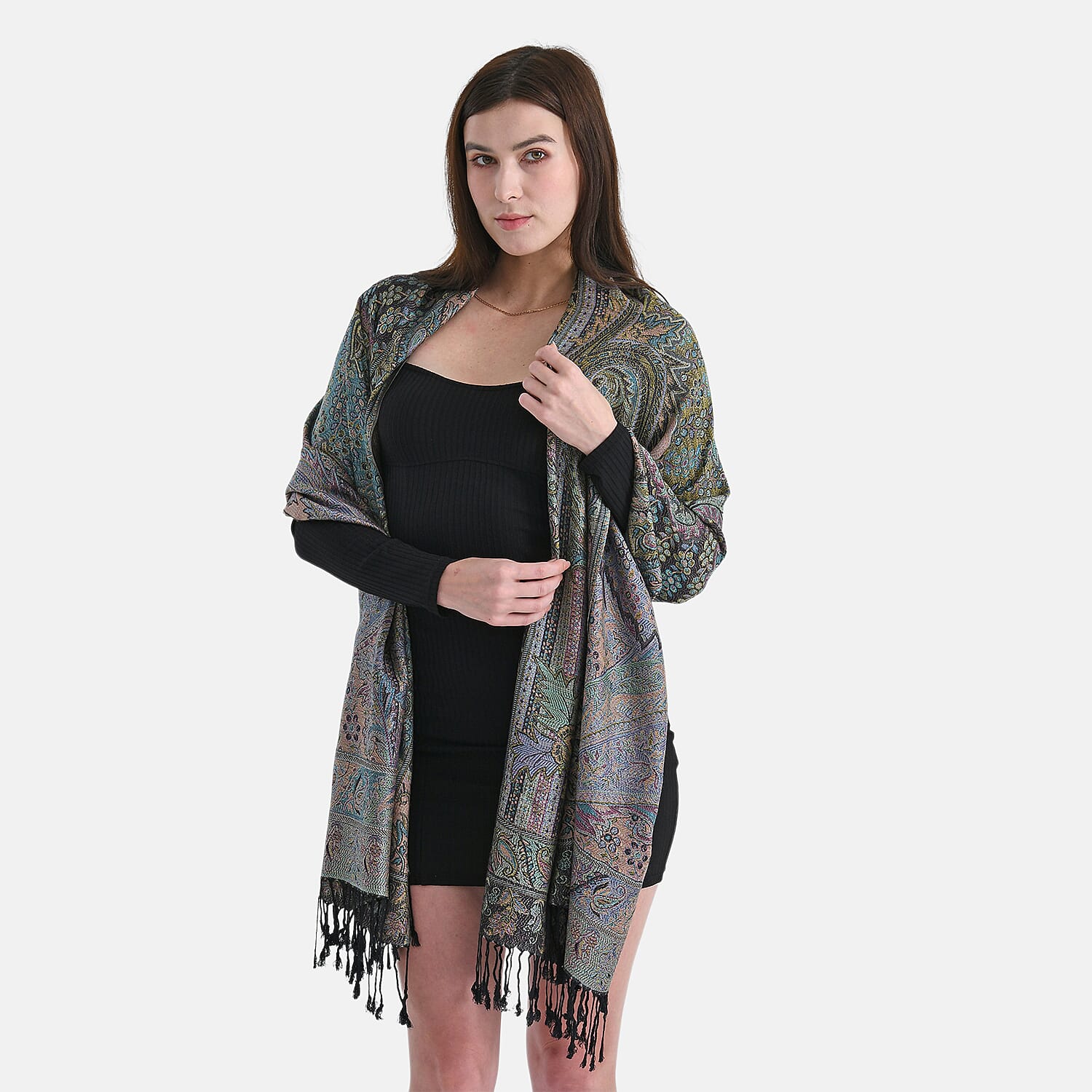 Multicolour Flower Jacquard Scarf with Tassel (70x180cm)