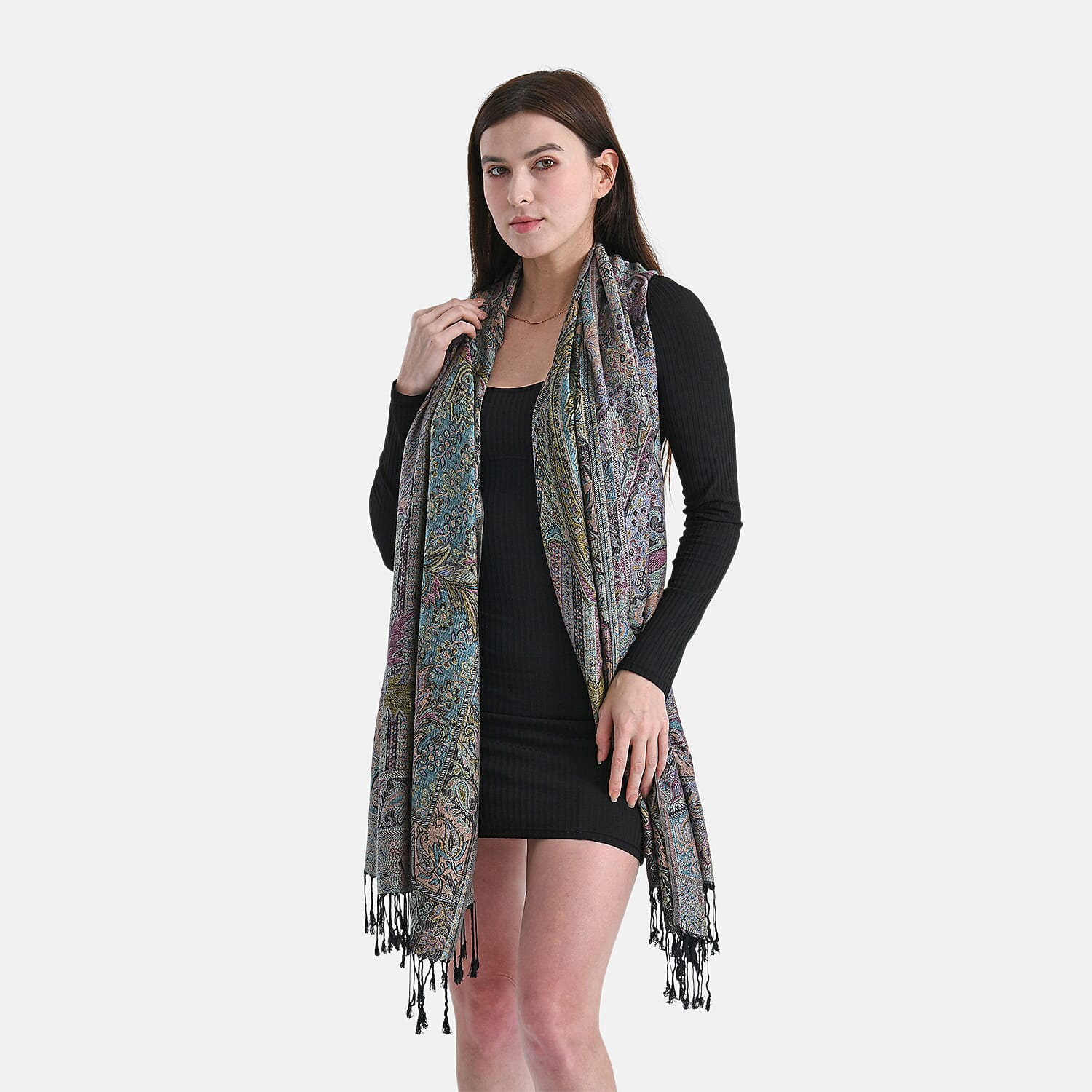 Multicolour Flower Jacquard Scarf with Tassel (70x180cm)