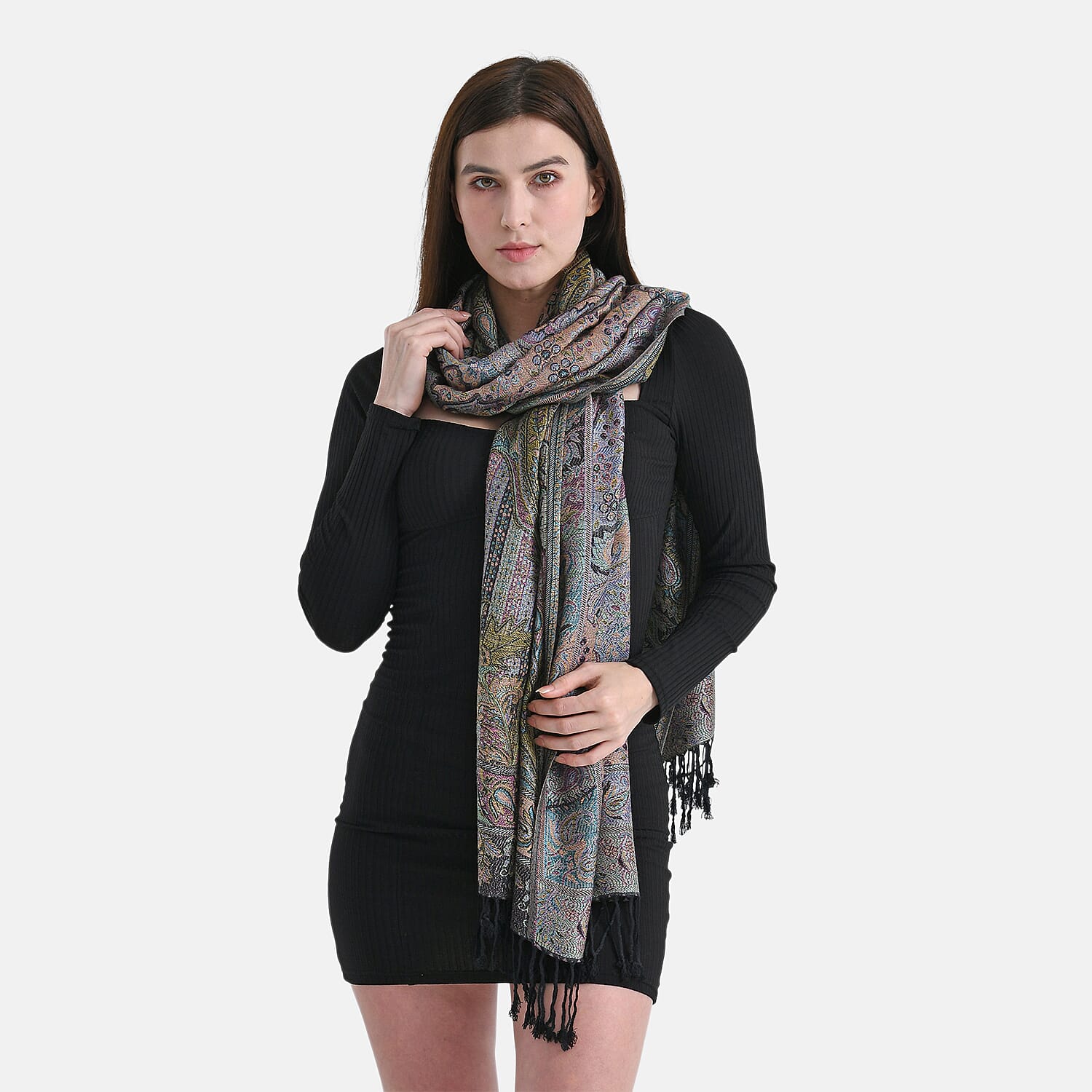 Multicolour Flower Jacquard Scarf with Tassel (70x180cm)