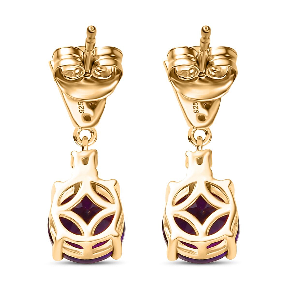 Natural Moroccan Amethyst & White Zircon Blossom Drops Solitaire Stud Push Post Earring in 18K Vermeil Yellow Gold Plated Sterling Silver 2.97 Ct. Natural Moroccan Amethyst & White Zircon Blossom Drops Solitaire Stud Push Post Earring in 18K Vermeil Yellow Gold Plated Sterling Silver 2.97 Ct.