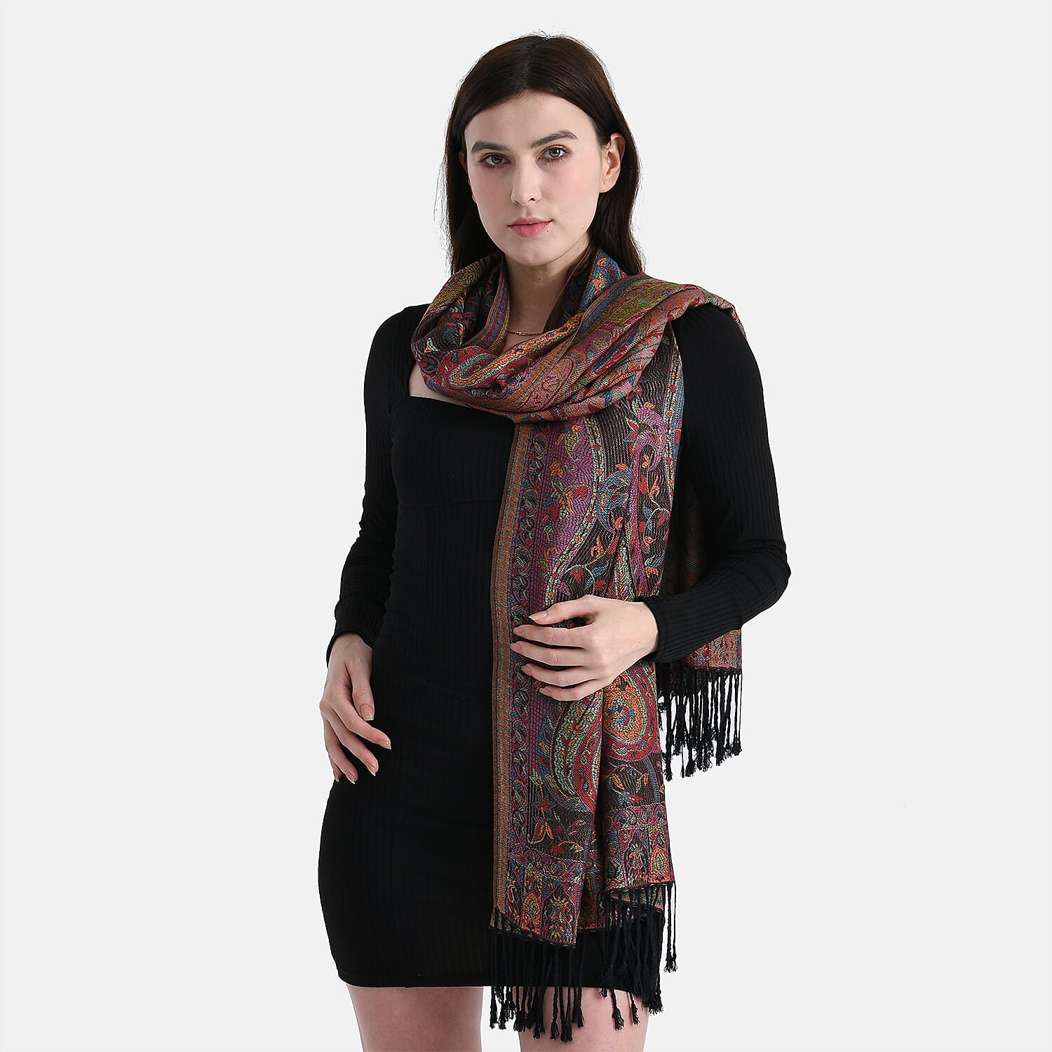 Multicolour Paisley Jacquard Scarf with Tassel (70x180cm)