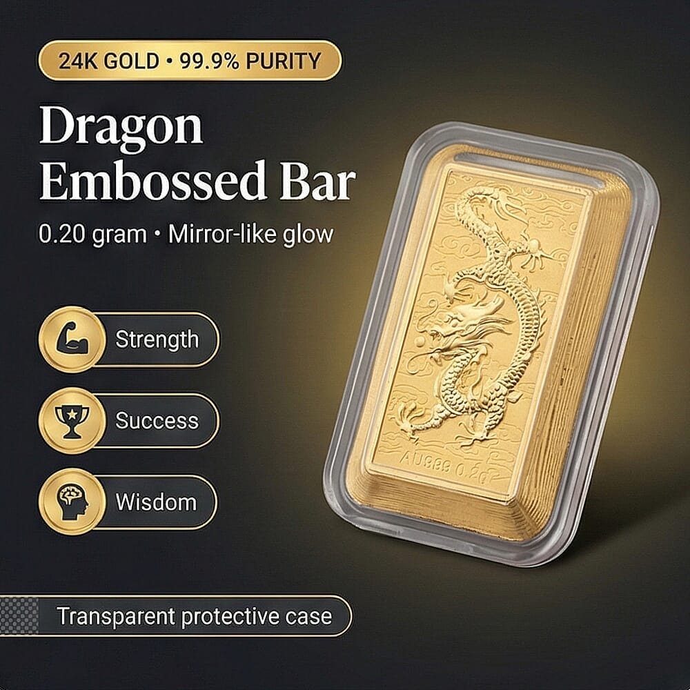 24K Yellow 99.9% Purity Gold Dragon Embossed Bar 0.20 Gram
