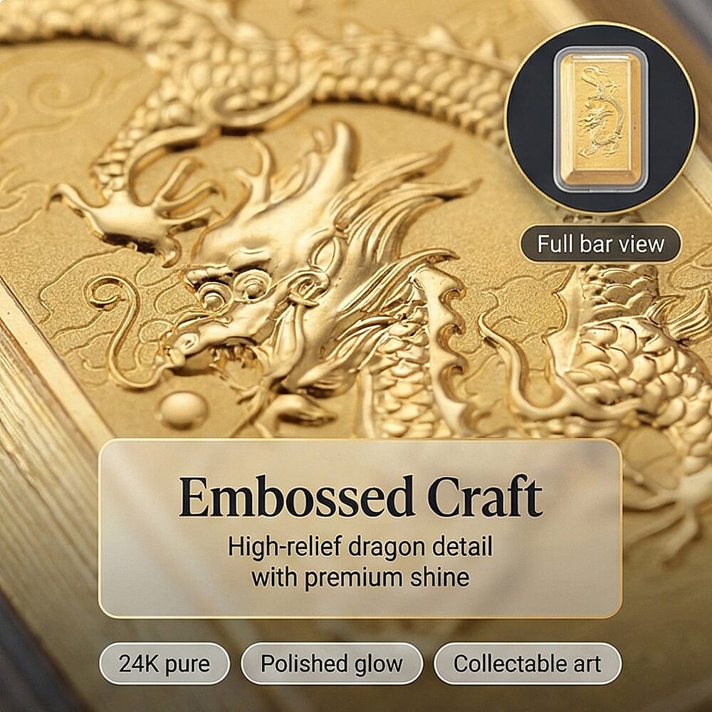 24K Yellow 99.9% Purity Gold Dragon Embossed Bar 0.20 Gram