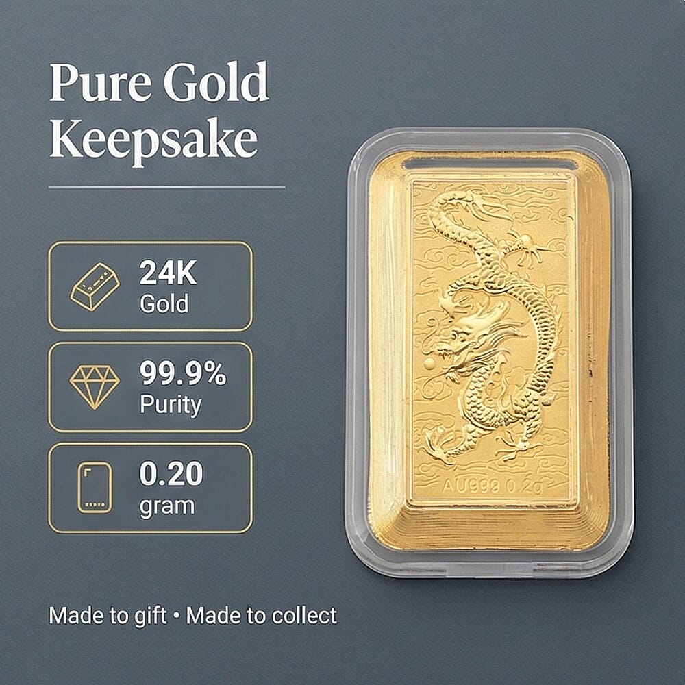 24K Yellow 99.9% Purity Gold Dragon Embossed Bar 0.20 Gram