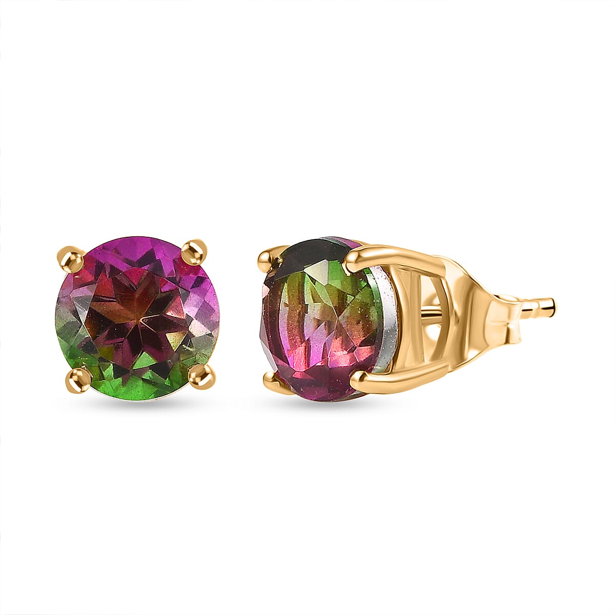 Watermelon Quartz Triplet Solitaire Stud Push Post Earring in 18K Vermeil Yellow Gold Plated Sterling Silver 4.70 Ct.