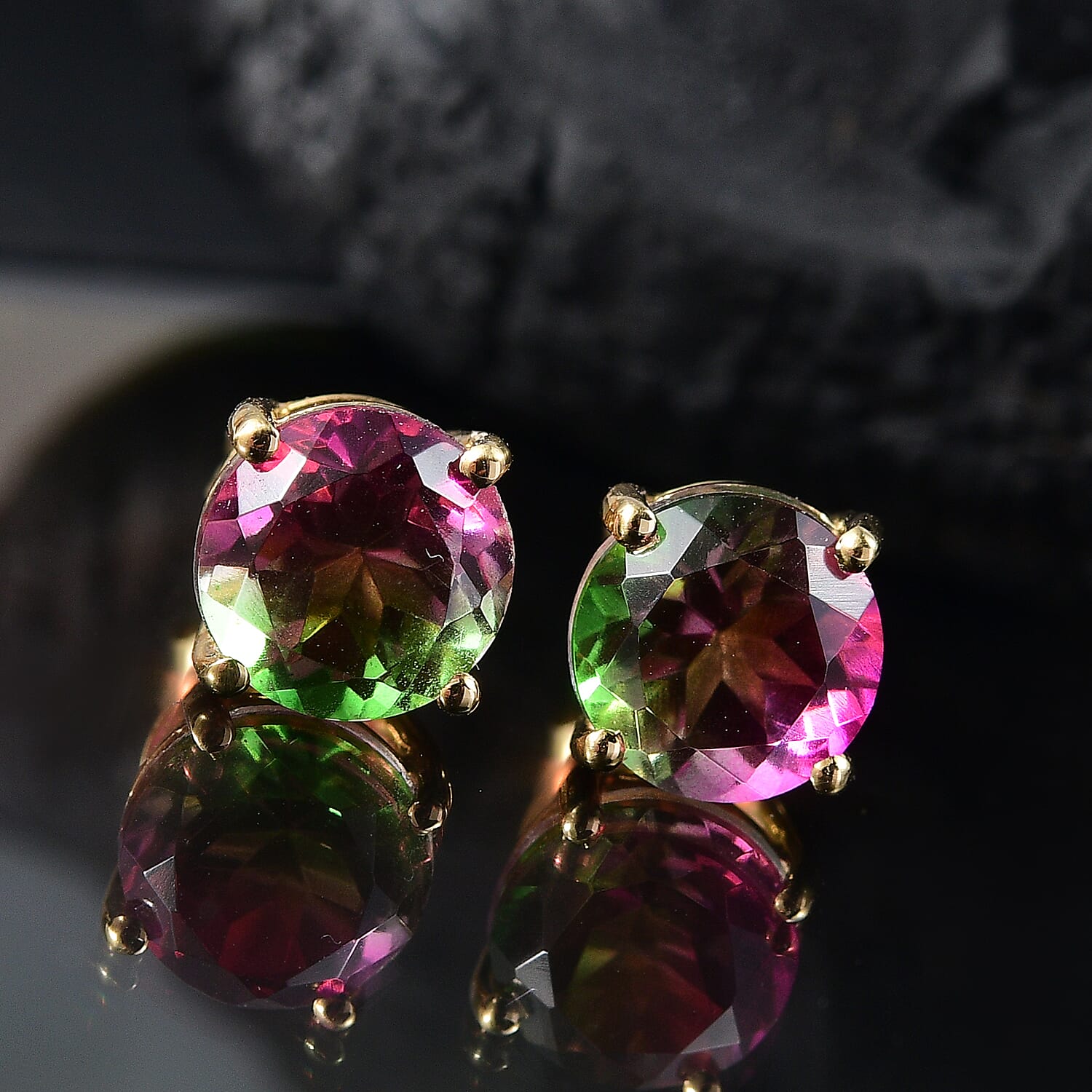 Watermelon Quartz Triplet Solitaire Stud Push Post Earring in 18K Vermeil Yellow Gold Plated Sterling Silver 4.70 Ct.