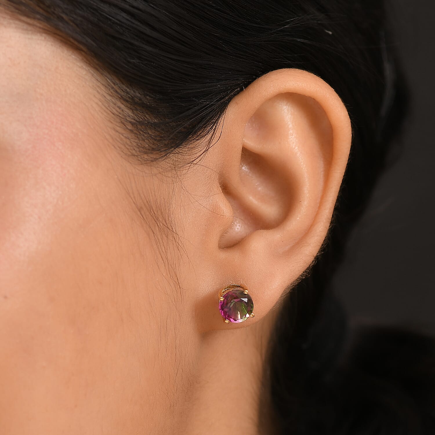 Watermelon Quartz Triplet Solitaire Stud Push Post Earring in 18K Vermeil Yellow Gold Plated Sterling Silver 4.70 Ct.