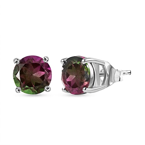 Watermelon Quartz Triplet Solitaire Stud Push Post Earring with Push Back in Rhodium Overlay Sterling Silver 4.70 Ct.