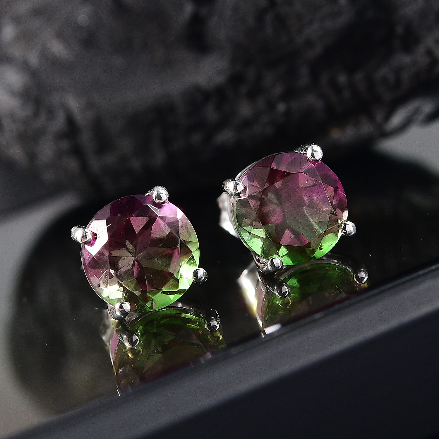Watermelon Quartz Triplet Solitaire Stud Push Post Earring in Sterling Silver