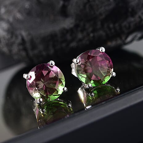 Watermelon Quartz Triplet Solitaire Stud Push Post Earring with Push Back in Rhodium Overlay Sterling Silver 4.70 Ct.