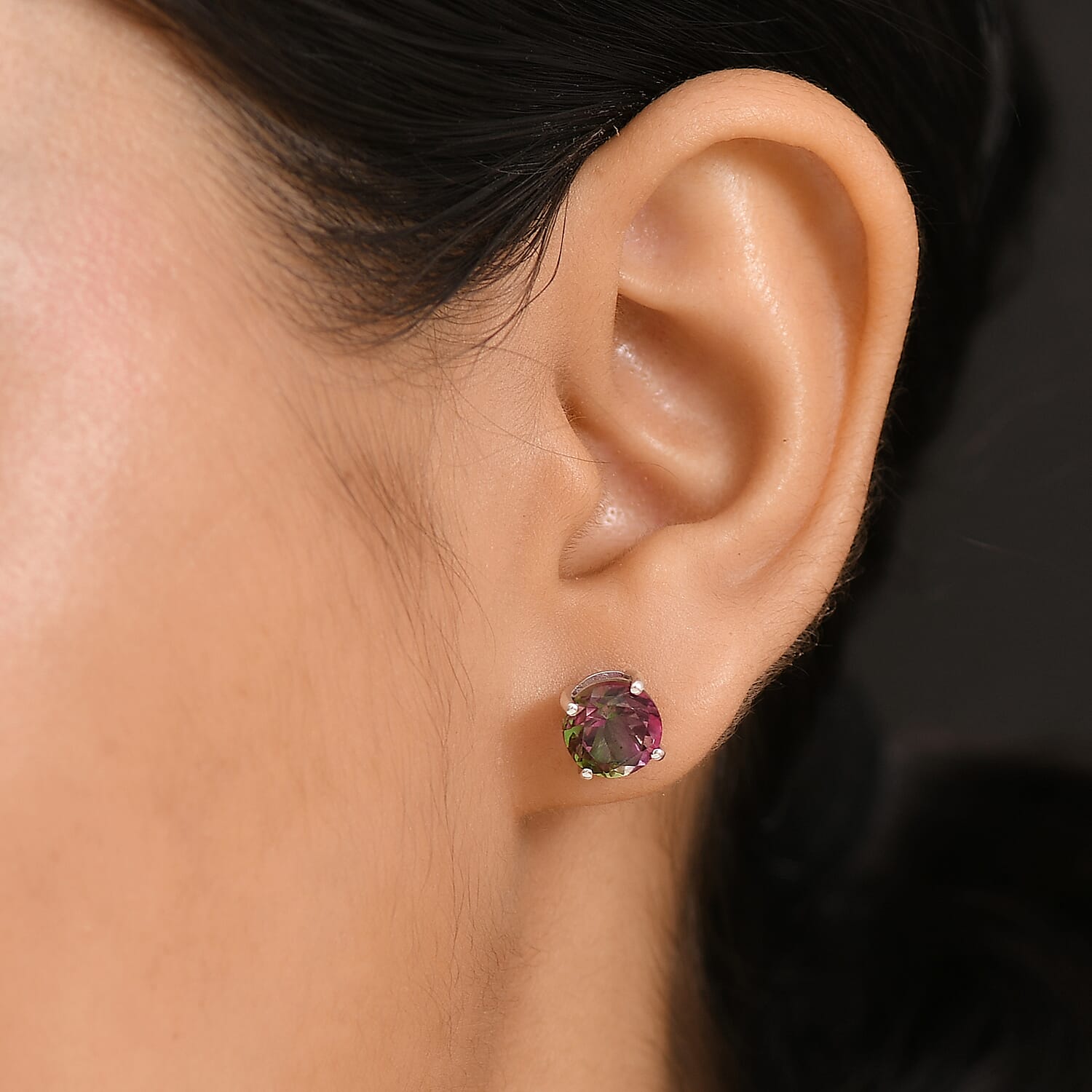 Watermelon Quartz Triplet Solitaire Stud Push Post Earring in Sterling Silver