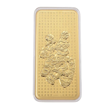 24K Gold Bar (99.9% Purity) Fu Symbol & Dragon Collectable - Symbolizing Happiness, Health & Good Fortune - (15.5 x 7.5 CM)