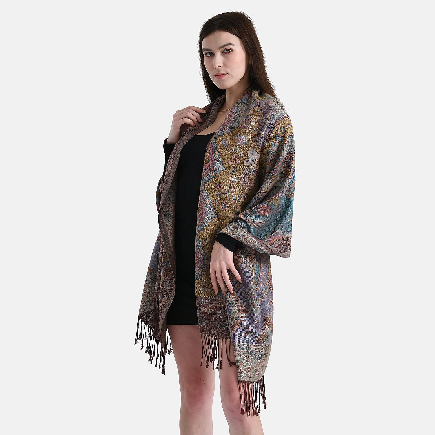 New Arrival - Butterfly Print Jacquard Scarf with Tassels (180 x 70 cm) - Coffee
