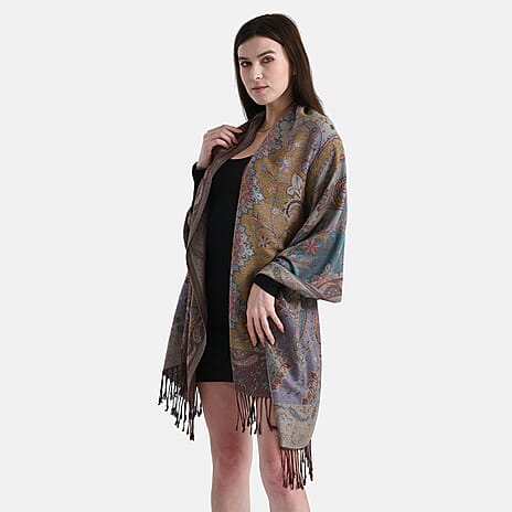 New Arrival - Butterfly Print Jacquard Scarf with Tassels (180 x 70 cm) - Coffee