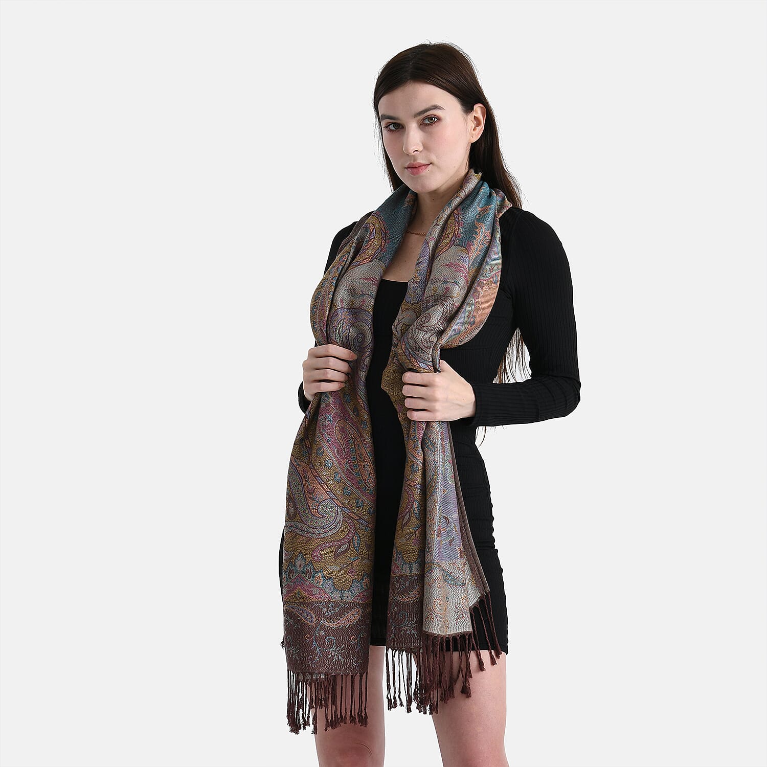 New Arrival - Butterfly Print Jacquard Scarf with Tassels (180 x 70 cm) - Coffee