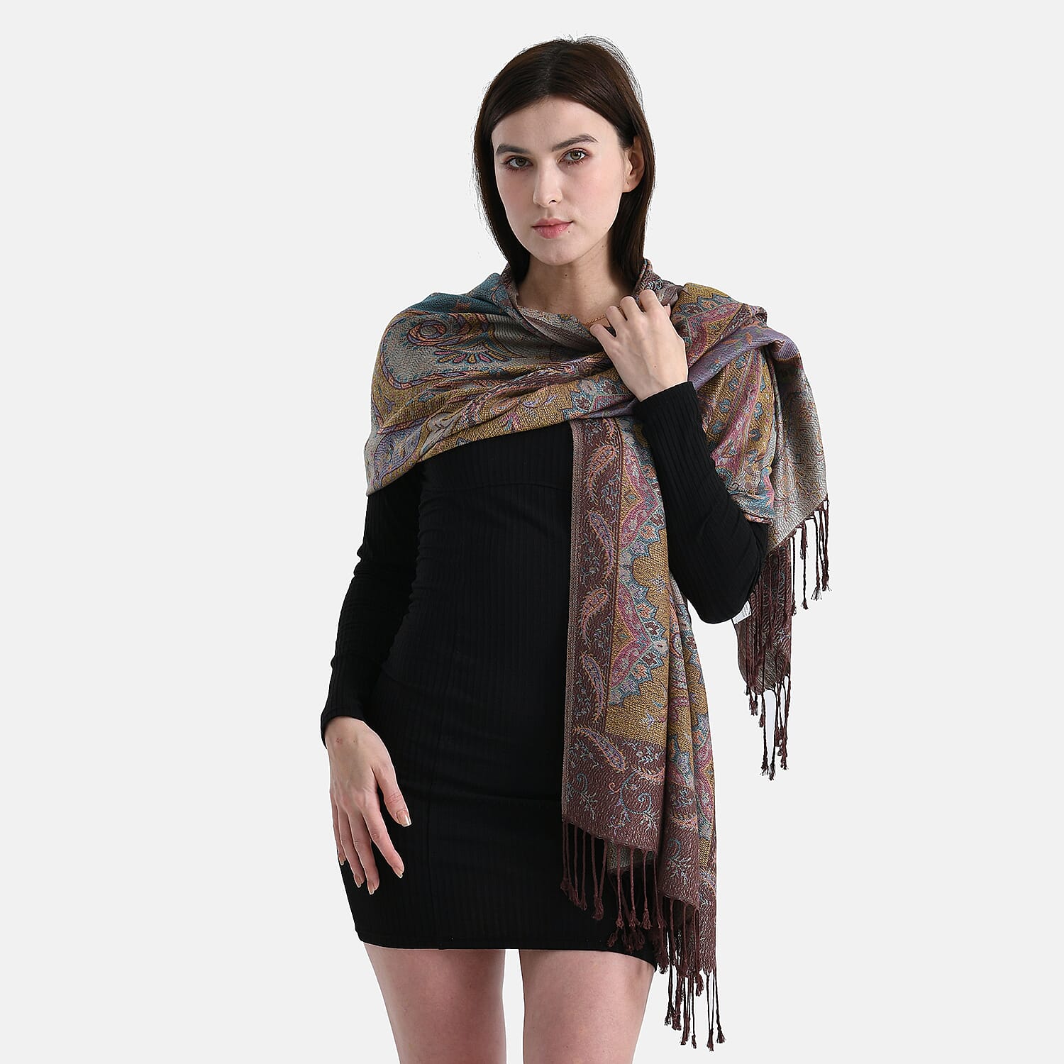 New Arrival - Butterfly Print Jacquard Scarf with Tassels (180 x 70 cm) - Coffee