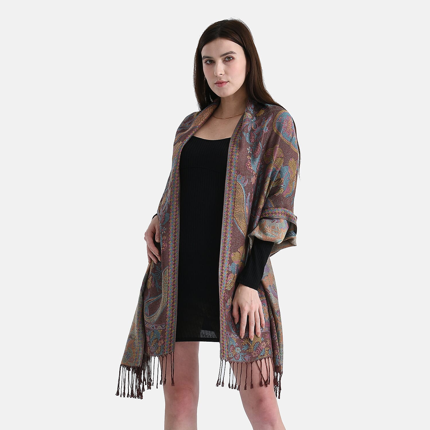 New Arrival - Geometric Pattern Jacquard Scarf with Tassels (180 x 70 cm) - Turquoise & Multi