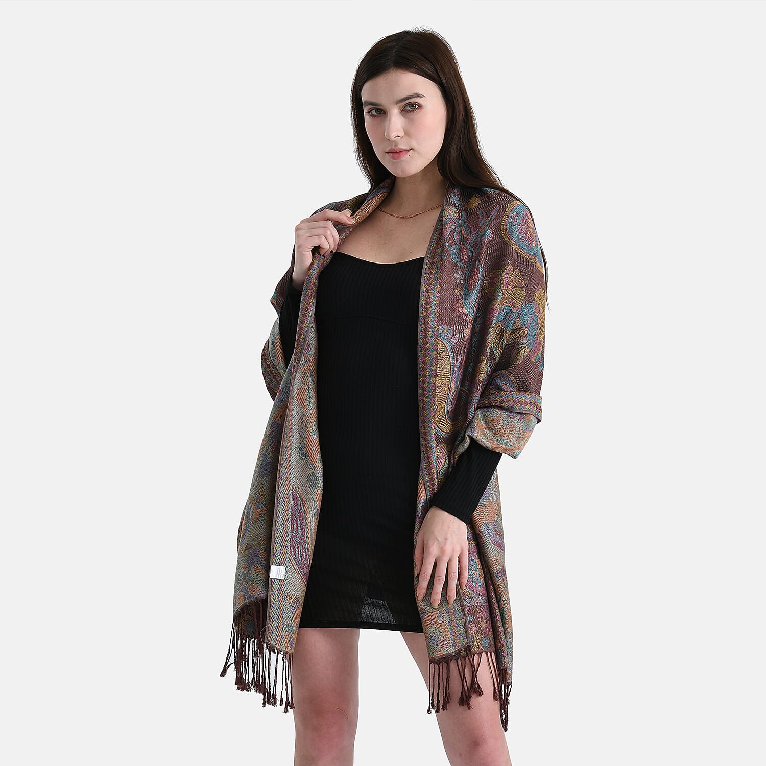 New Arrival - Geometric Pattern Jacquard Scarf with Tassels (180 x 70 cm) - Turquoise & Multi