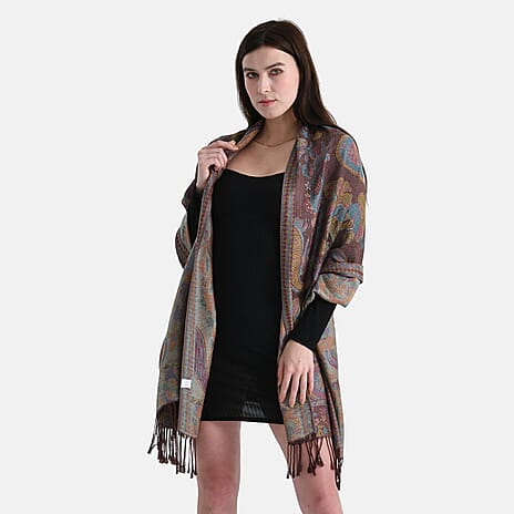 New Arrival - Geometric Pattern Jacquard Scarf with Tassels (180 x 70 cm) - Turquoise & Multi