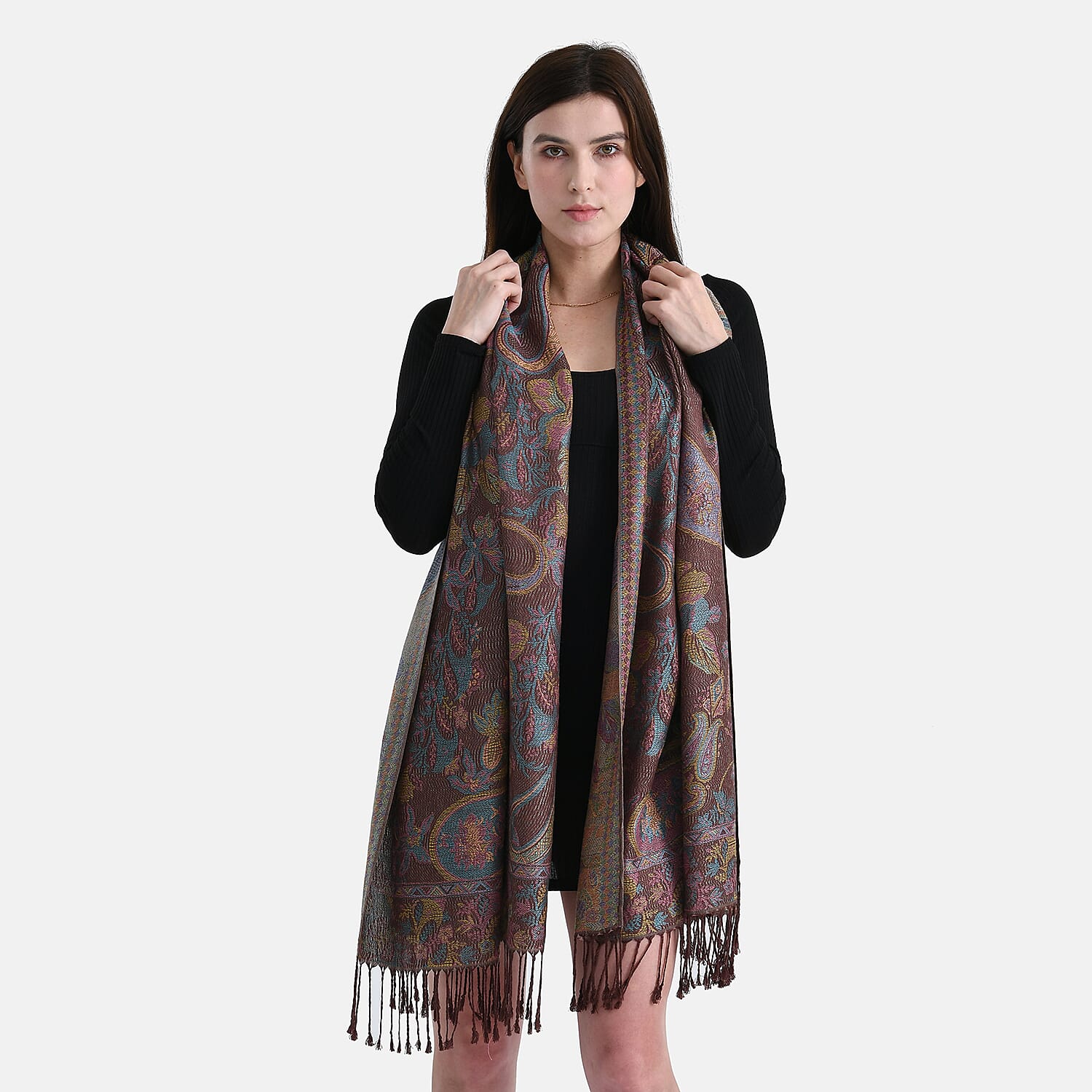 New Arrival - Geometric Pattern Jacquard Scarf with Tassels (180 x 70 cm) - Turquoise & Multi