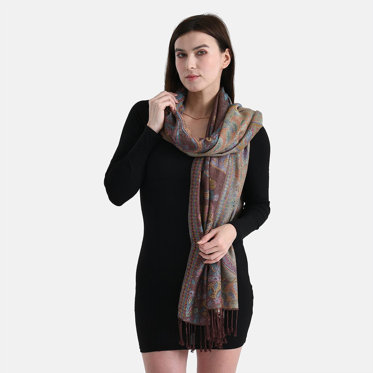 New Arrival - Geometric Pattern Jacquard Scarf with Tassels (180 x 70 cm) - Turquoise & Multi