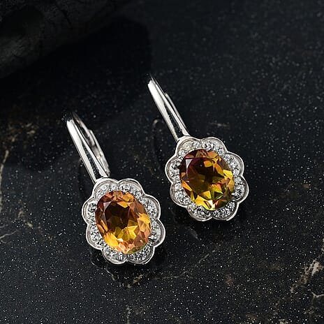 D'joy Rainbow Genesis Quartz & White Zircon J Hoop Half Hoop Twilight Blossom Earring with Lever Back in Rhodium Overlay Sterling Silver 4.63 Ct.