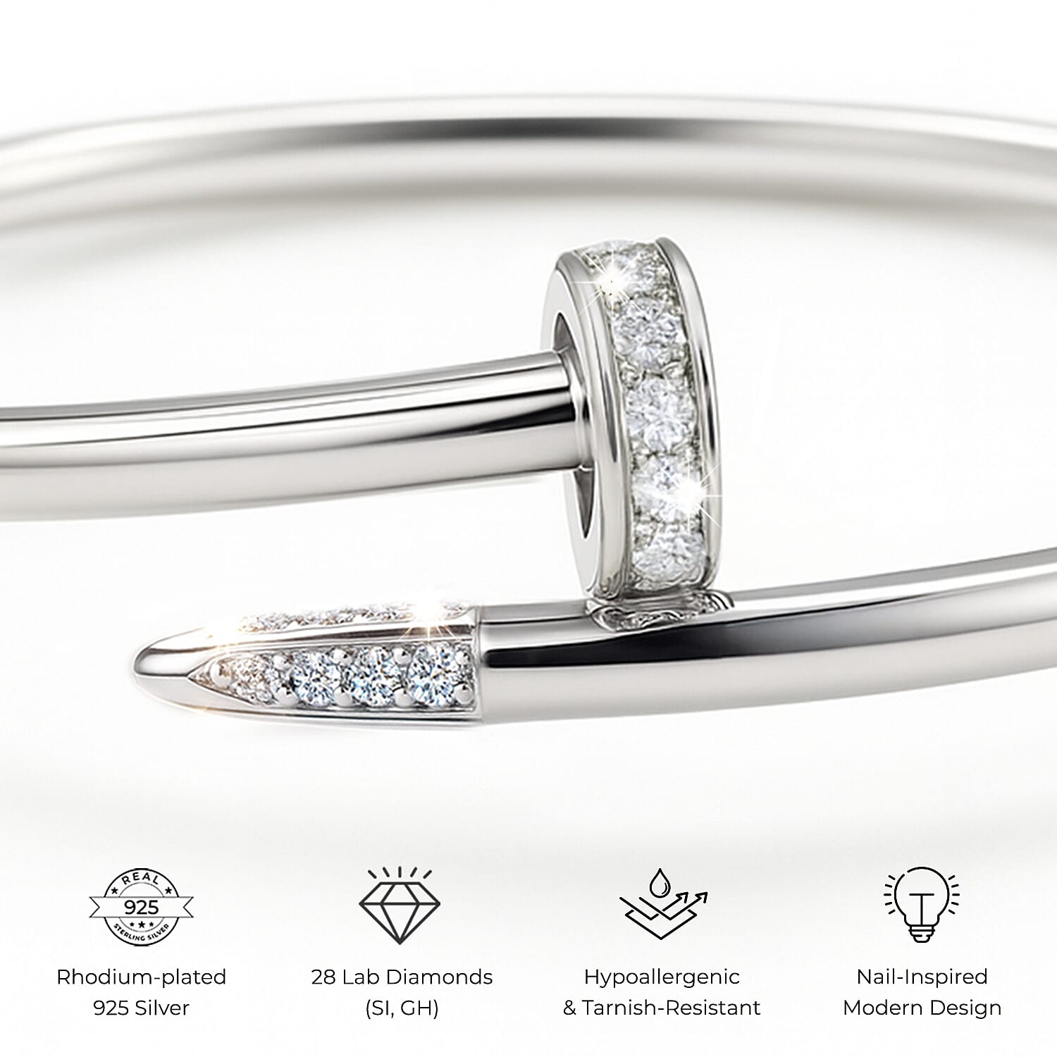 Luxuriant Lab Grown Diamond (SI-GH) Designer Inspired Full Bangle (Size - 7.5) in Rhodium Overlay Sterling Silver, Silver Wt. 12.88 Gms. Luxuriant Lab Grown Diamond (SI-GH) Designer Inspired Full Bangle (Size - 7.5) in Rhodium Overlay Sterling Silver, Silver Wt. 12.88 Gms.