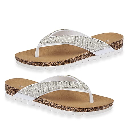 Sunset Comfortable Flip-Flop Sandals with Rhinestone Strap (Size 5) - White