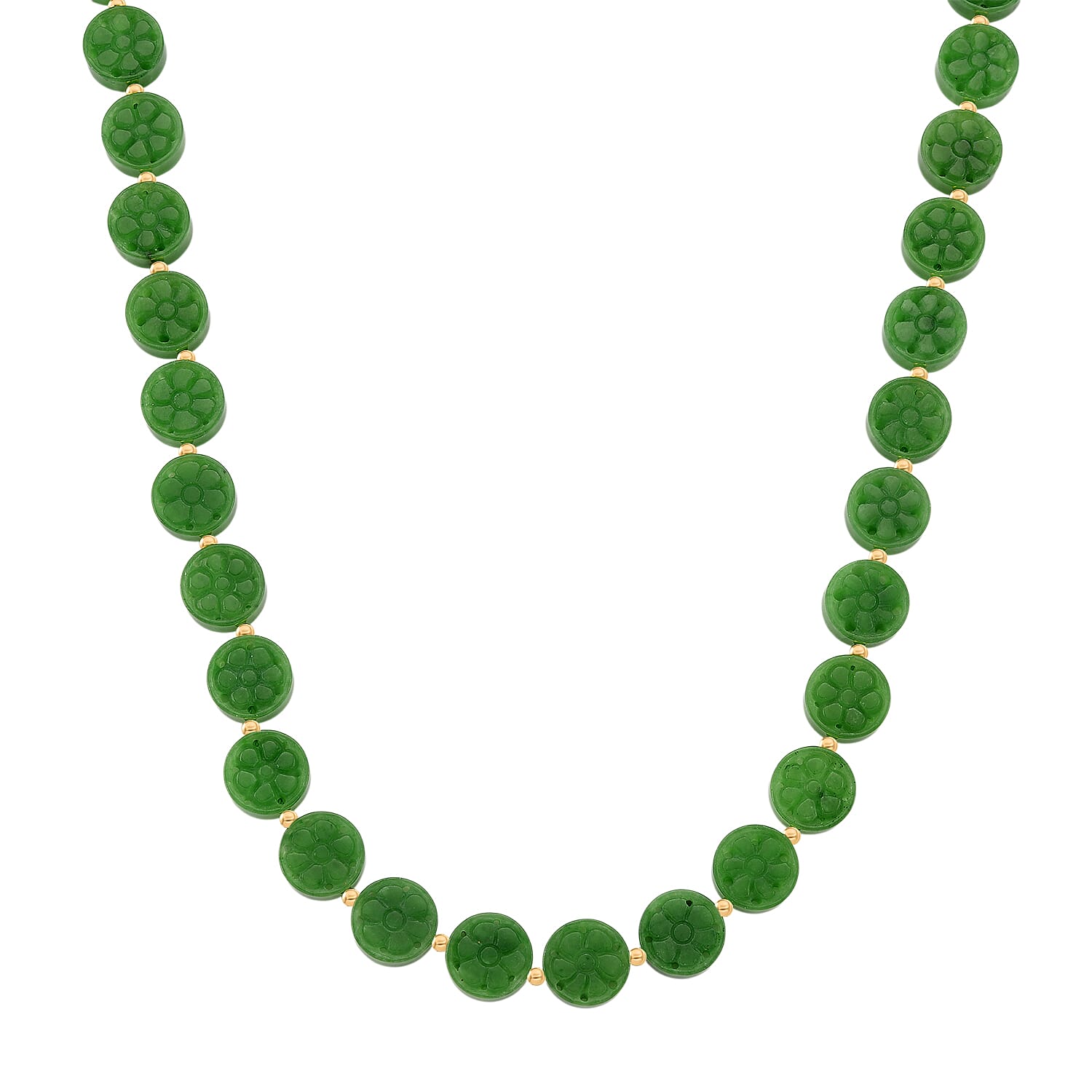 Green Jade Necklace (Size - 20) with Magnetic Clasp in Yellow Gold Plating Sterling Silver 352.00 Ct.