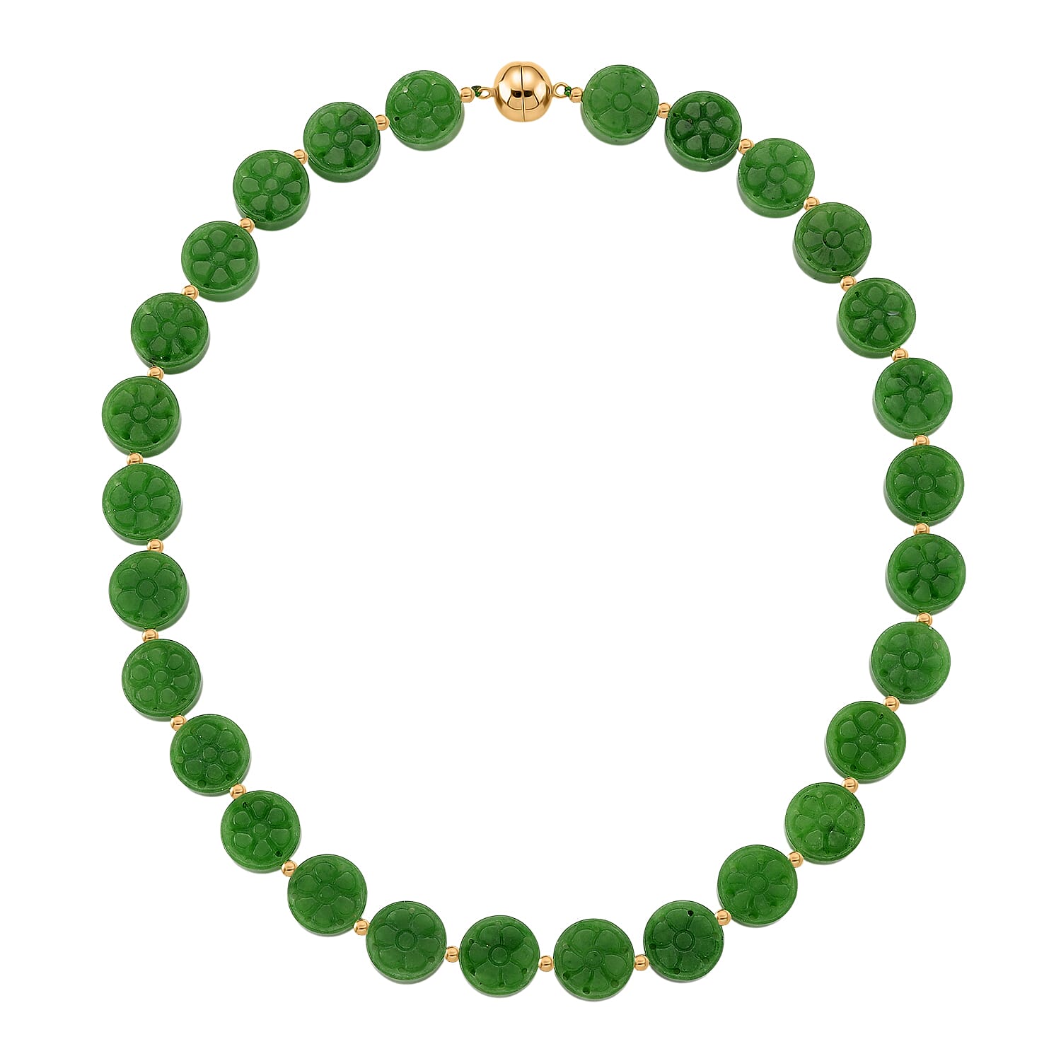 Green Jade Necklace (Size - 20) with Magnetic Clasp in Yellow Gold Plating Sterling Silver 352.00 Ct.