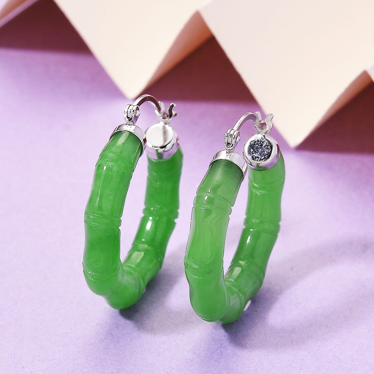 Enhanced Green Jade Earring with Clasp in Rhodium Overlay Sterling Silver 37.50 Ct.