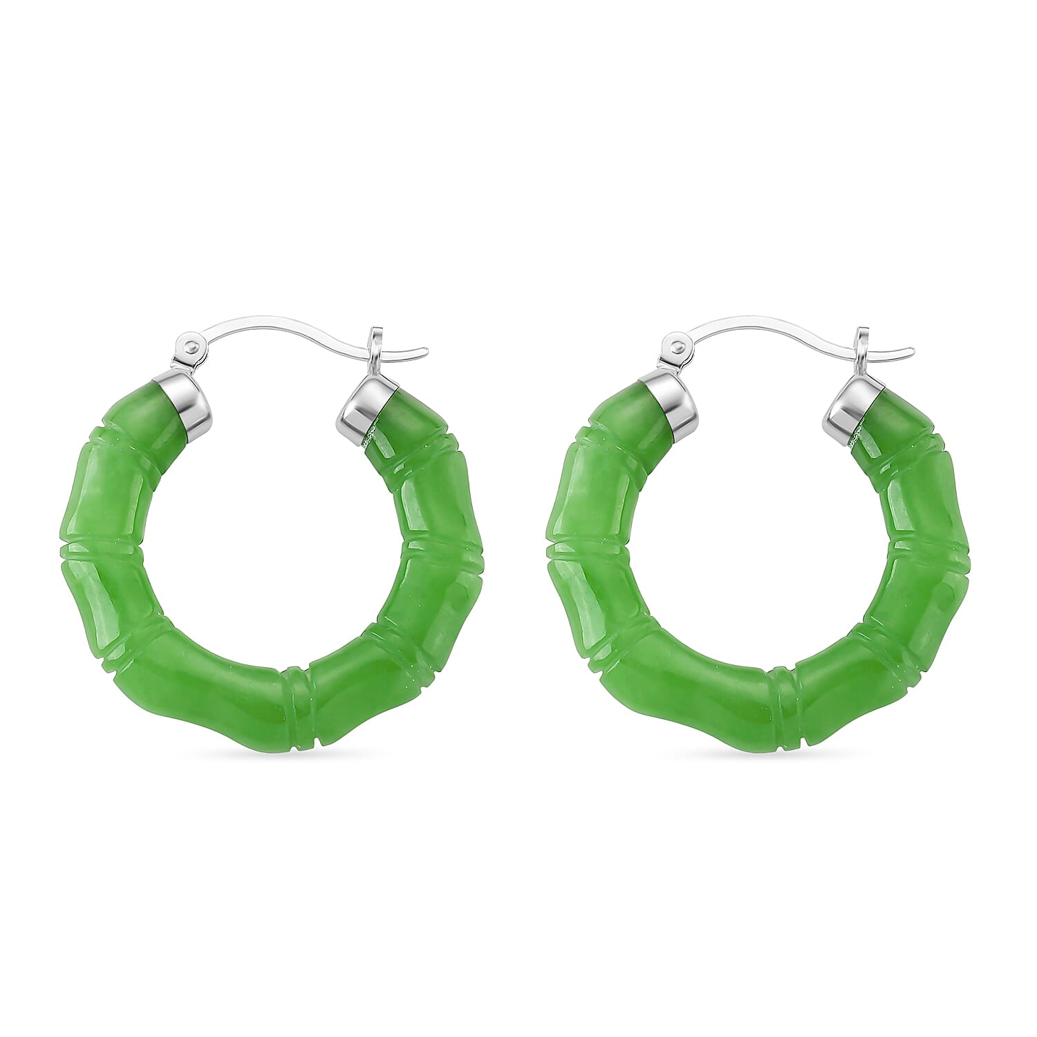 Enhanced Green Jade Earring with Clasp in Rhodium Overlay Sterling Silver 37.50 Ct.