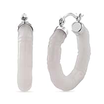 Natural Jade Hoop Earring with Clasp in Rhodium Overlay Sterling Silver 37.00 Ct.