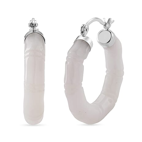 Natural Jade Earring with Clasp in Rhodium Overlay Sterling Silver 37.00 Ct.